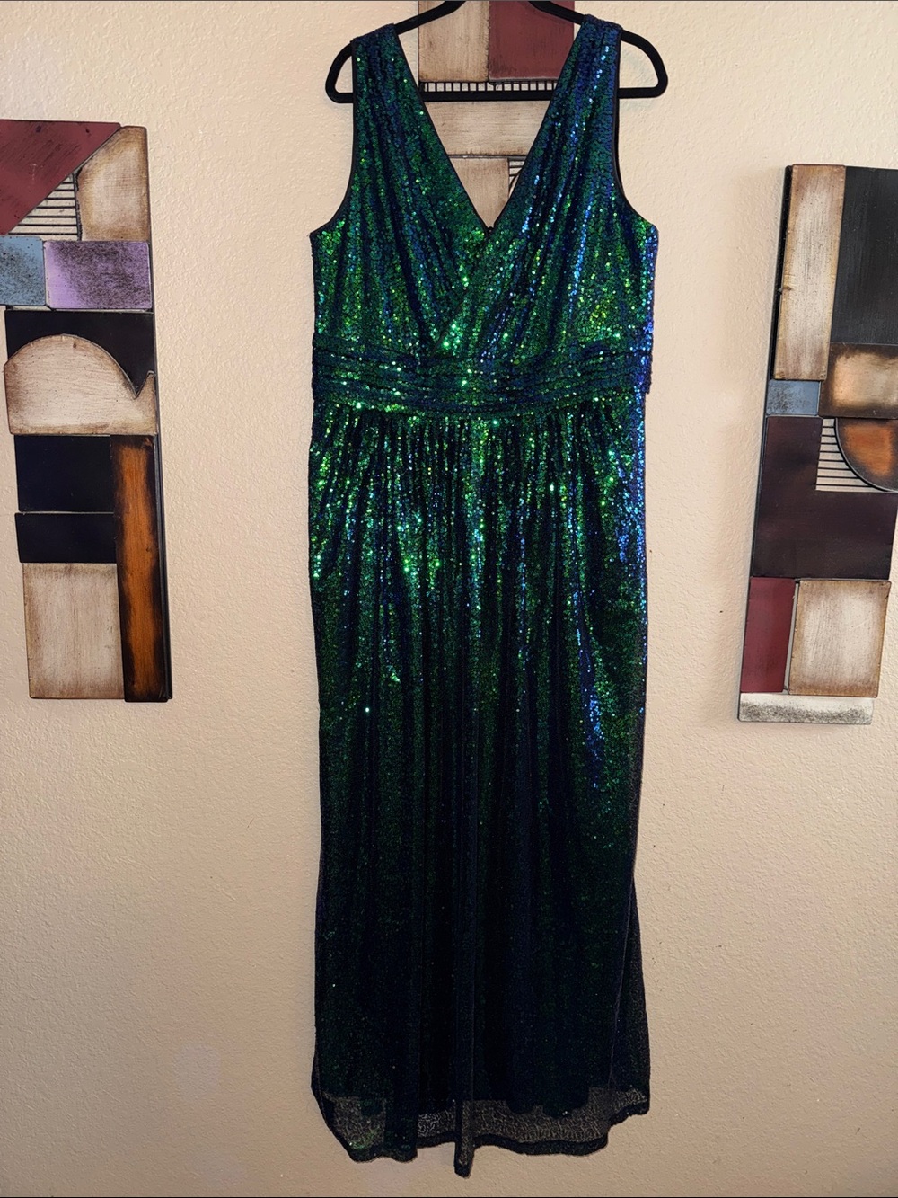 Sequined Green and Blue V-Neck Maxi Dress